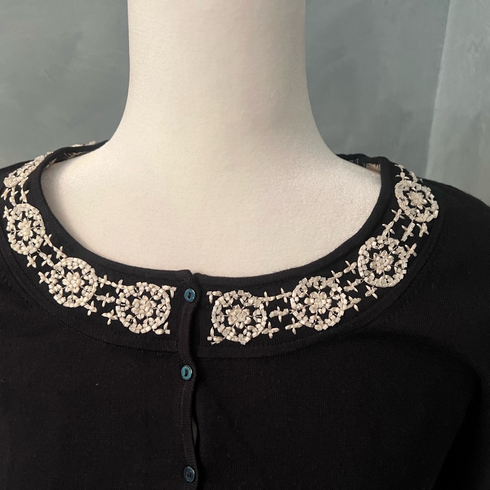 Sigrid Olsen Black and White Patterned Collar Cardigan